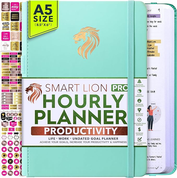 Hourly Planner - Undated Daily, Weekly & Monthly Planner with Budget Section | A 12 Month Journey to Increase Productivity & Happiness | Life Organizer & Gratitude Journal - Horizontal Format