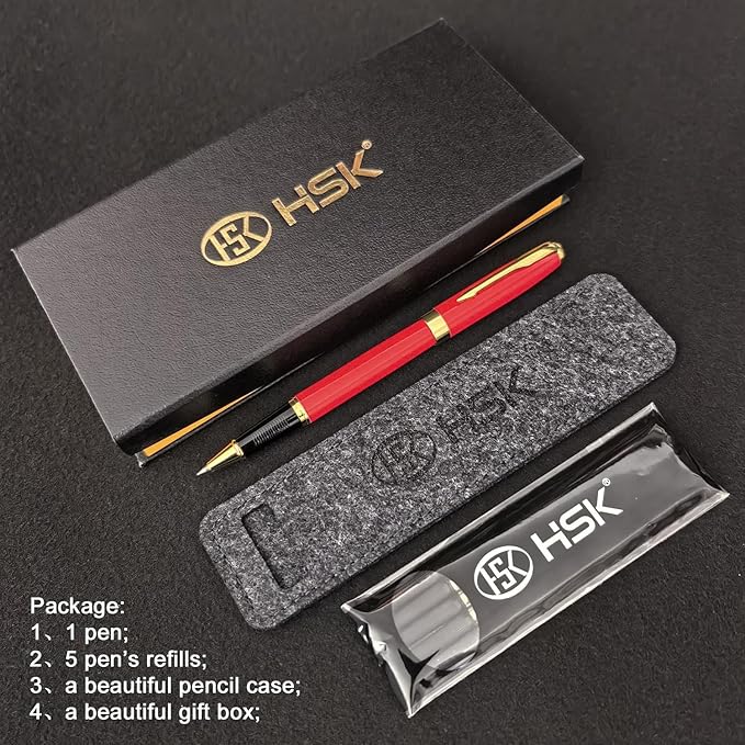 HSK Ballpoint Pens Executive Fountain Pen with Gold Trim, Gift Box Set, Available in Black, Red, Navy Blue,Black Refill Line width 0.5mm (Red)