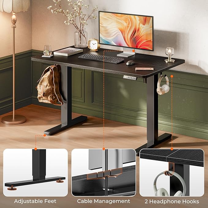 Huuger 48 x 28 Large Electric Standing Desk, Height Adjustable Desk, 27.6" Deep Desktop, Stand up Gaming, 2 Hooks, 3 Preset Heights, for Home Office, Black