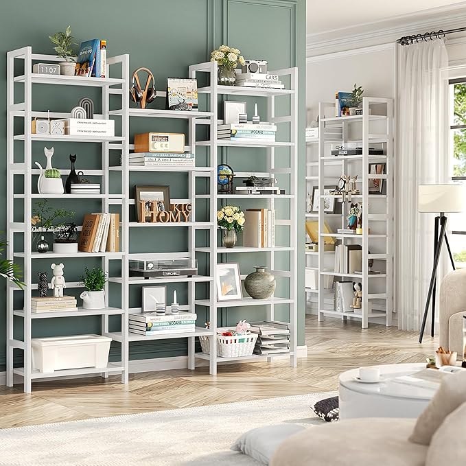 Homykic Bamboo Triple Wide Shallow Bookshelves and Bookcases, 6-Tier 6ft Tall Bookshelf with 17 Open Display Shelves, Super Large Freestanding Book Shelf for Home Office, Bedroom, Living Room, White