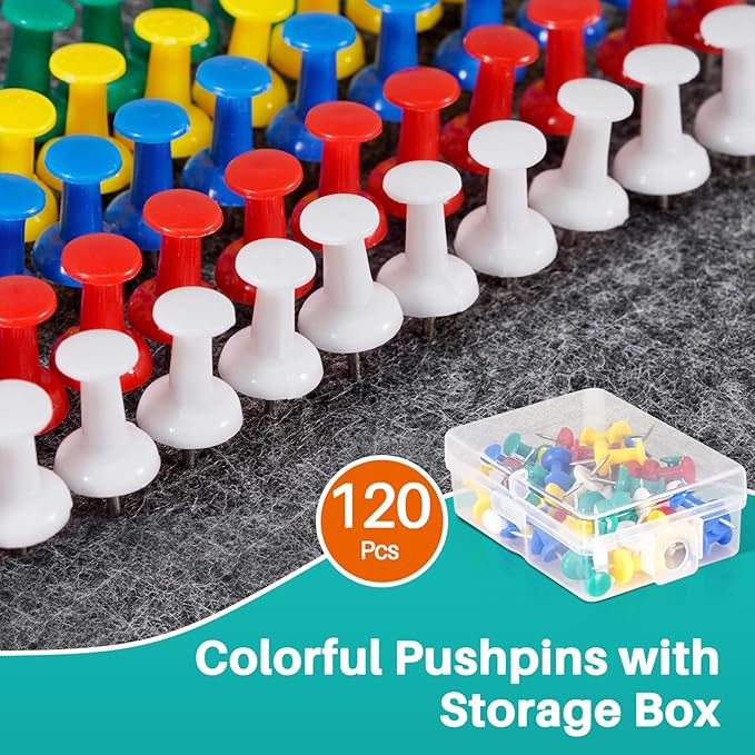 120Pcs Push Pins for Bulletin Board, Thumb Tacks for Cork Board, Colorful Plastic Head, Steel Tip, Thumbtacks for Wall Poster Photo Maps Pictures Office Home Decor