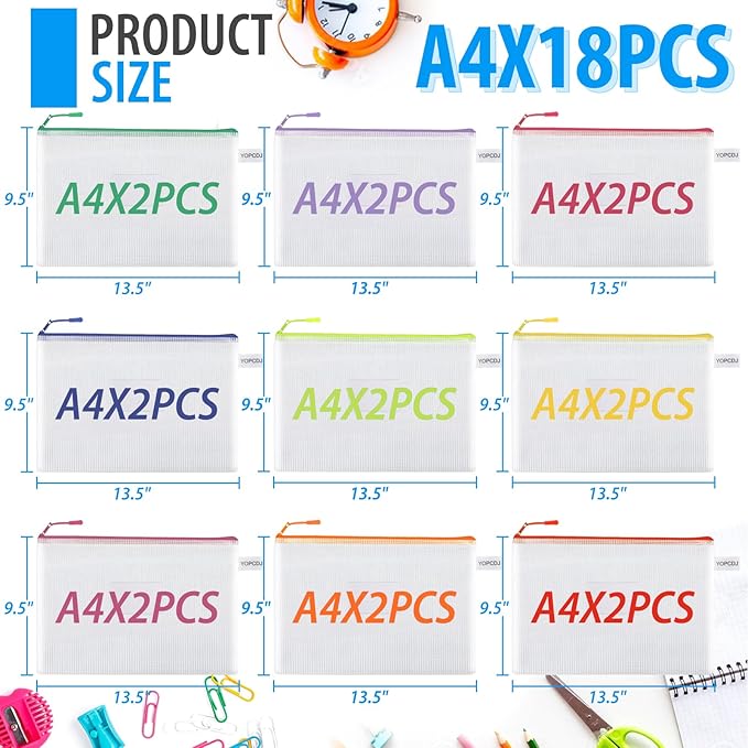 18 Pack A4 Mesh zipper pouch bags, Zipper Bags with Label Pocket,Zipper Pouches of office supplies,File Bags for Classroom Organization,Puzzles, Board Game Storage