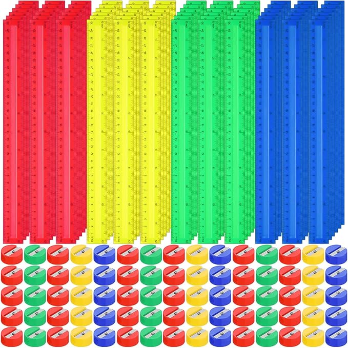 100 Pcs Plastic Rulers and 100 Pcs Mini Round Manual Pencil Sharpener Bulk, 4 Assorted Colors Pocket Sized Pencil Sharpeners Colorful Straight Ruler Back to School Supplies for Kids (Novel,12 Inch)