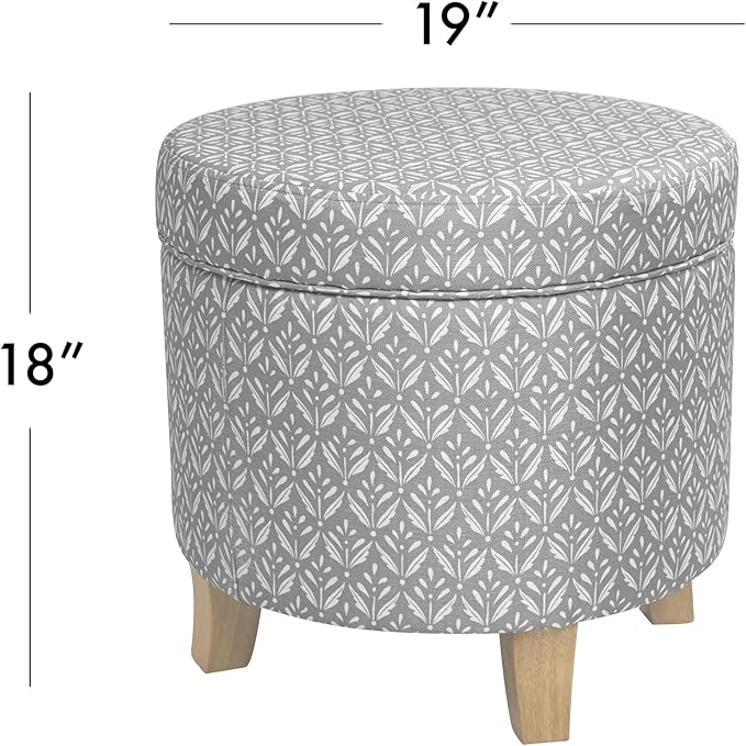 HomePop Upholstered Round Storage Ottoman|Homepop Home Décor|Upholstered Round Foot Rest Ottoman - Light Grey Print