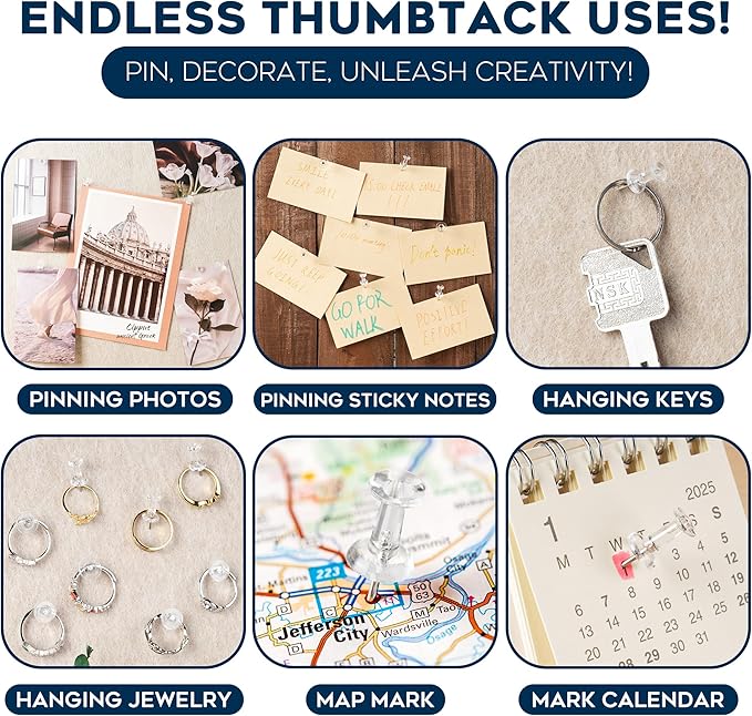 150 Pack Assorted Clear Push Pins by Luxurecourt for Bulletin Board, Wall Hanging, Cork Board, Shadow Box Display - Includes Flat Head Thumbtacks & Standard Pushpins in Plastic Resuable Storage Box.