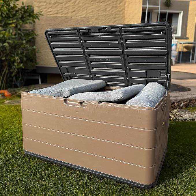 100 Gallon Plus Resin Deck Box, Waterproof Outdoor Storage Bin for Patio Furniture, Pool Accessories, and Garden Tools, Lockable & UV-Resistant, Brown