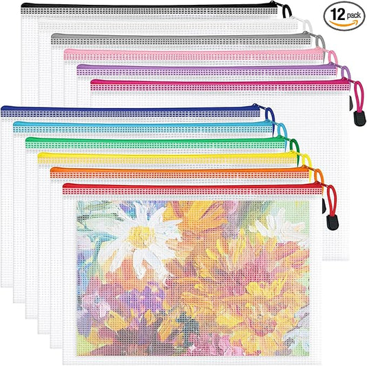 12pcs Mesh Zipper Pouch Bags, Waterproof A4 Letter Size Puzzle Bag for Organizing, Storage, Board Games and Office Supplies, 12 Colors