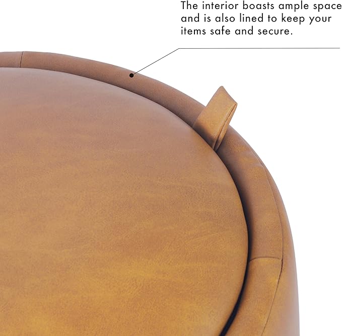 HomePop Storage Round Ottoman with Removable Lid Home Décor|Upholstered Round Velvet Foot Rest Ottoman - Carmel Faux Leather