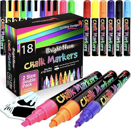 18 Neon Chalk Markers - Double Pack of Fine and Medium Tip Liquid Chalk Pens - Wet Erasable for Menu Boards, Glass, Windows, Whiteboards, Classrooms, Mirrors, Plastic