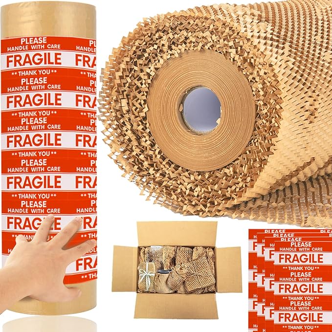 Honeycomb Packing Paper Wrap 15''x328', Substitute Alternative for Bubble Cushioning Wrap for Moving Shipping Packaging, Recyclable Moving Supplies with 48 Fragile Sticker Labels