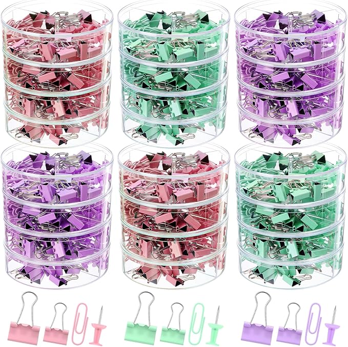 1560 Pcs Paper Clips and Binder Clips Assorted Sizes, Large Medium Small Binder Clip Paperclips Thumb Tacks, College Supplies Home Office Supplies Document Organizing(Pink, Purple, Green)