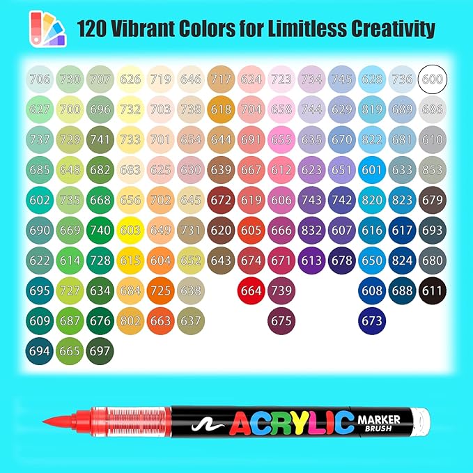 120 Colors Acrylic Paint Markers Set, Soft Brush Tip Pens for Rock, Wood, Canvas, Glass, Ceramic, Fabric, DIY Craft Projects – Waterproof, Quick-Dry, Vibrant Ink for Artists & Beginners