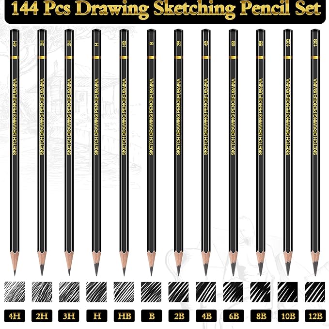 Humyoun 144 Pcs Drawing Sketching Pencil Set Professional (12b - 4h) Graphite Charcoal Gift Bulk for Artists Beginners, Pro Artists, Drawing Art, Sketching