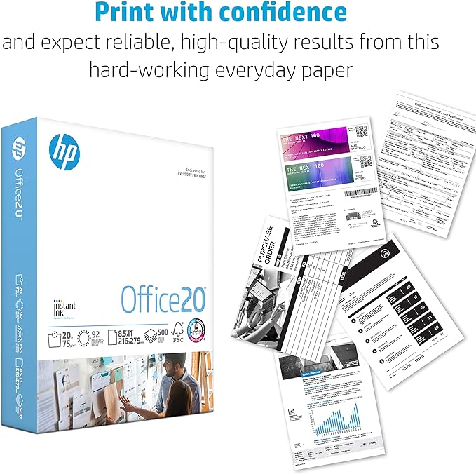 HP Papers | 8.5x11 Paper |Office 20 lb | 1 Ream - 500 Sheets | 92 Bright | Made in USA - FSC Certified | 112150R