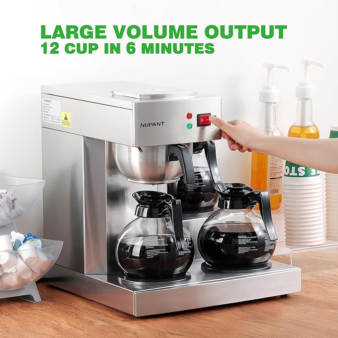 12 Cup Commercial Coffee Maker, Drip Coffee Maker Machine with 3 Warmers Plate and 3 Glass Decanters, Stainless Steel Pour Over Commercial Coffee Brewer for Restaurant, Office, Cafe Use