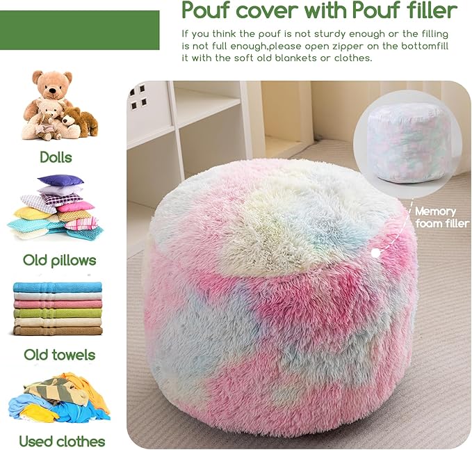 HIGOGOGO Round Stuffed Pouf Ottoman, Long Faux Fur Poufs with Foam Chunk Filling, Fluffy and Furry Pouf Foot Stool Storage Ottoman, 20 X 15 Floor Poufs Foot Rest for Living Room, Rainbow