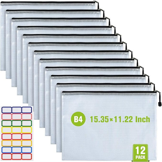 12 Pcs Plastic Mesh Zip File Bags, Waterproof Tear-Resistant Document File Folders, B4 Size Zipper Documents Pouch Document Organizer Bags for School Office Home Travel Storage(15.35×11.22Inch)
