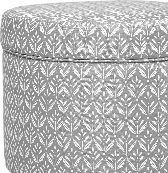 HomePop Upholstered Round Storage Ottoman|Homepop Home Décor|Upholstered Round Foot Rest Ottoman - Light Grey Print