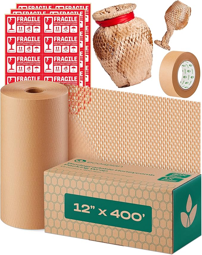 Honeycomb Packing Paper | Extra Thick 90 GSM Packing Wrap | Biodegradable Packing Materials: 12” x 400’ Moving Paper + 195’ Cellulose Adhesive Tape + 30 Fragile Stickers | Paper Bubble Wrap