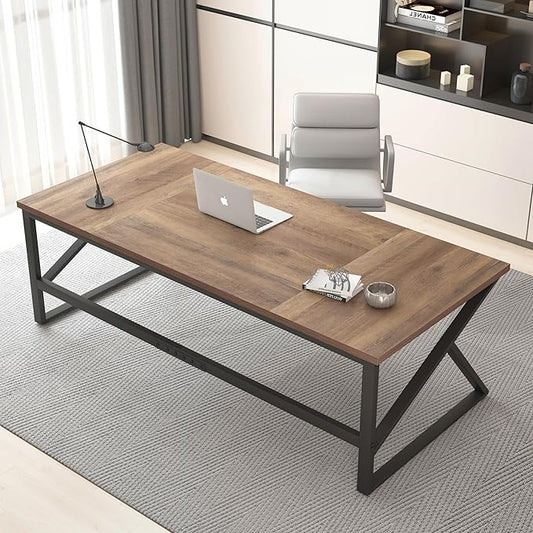 HSH Large Home Office Desk, Modern Wood Metal Computer Desk for Two Person, Extra Long Executive Writing Study Gaming Double Desk Workstation, 70 Inch Rustic Bedroom Living Room Table for 2 Monitors