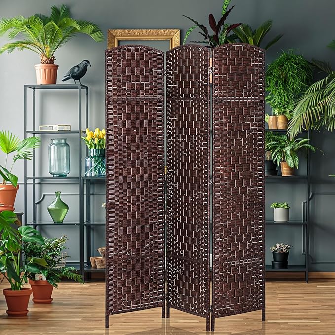 HOMCOM Room Divider, 3 Panel Folding Privacy Screen, 6FT Tall Portable Wicker Weave Partition Wall Divider for Bedroom, Home Office, Brown