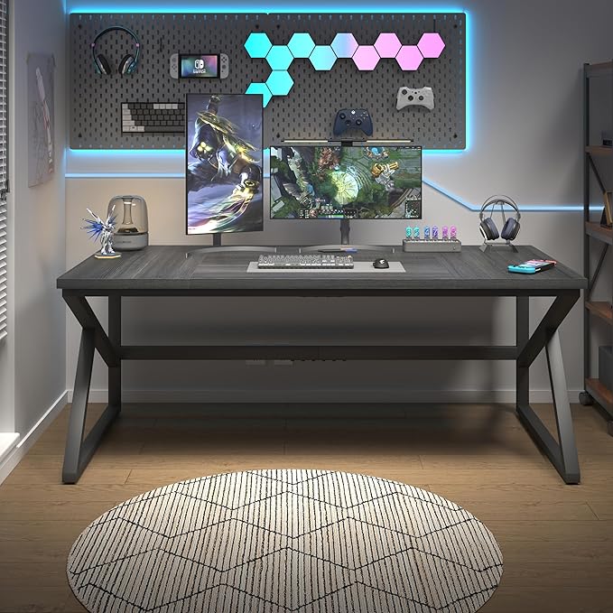 HSH Extra Long Computer Desk, Industrial Metal Wood Home Office Desk, Large PC Laptop Table for 2 Person Executive Writing Work Study Gaming, Bedroom Living Room Dual Monitor Desk, Dark Gray, 70 Inch